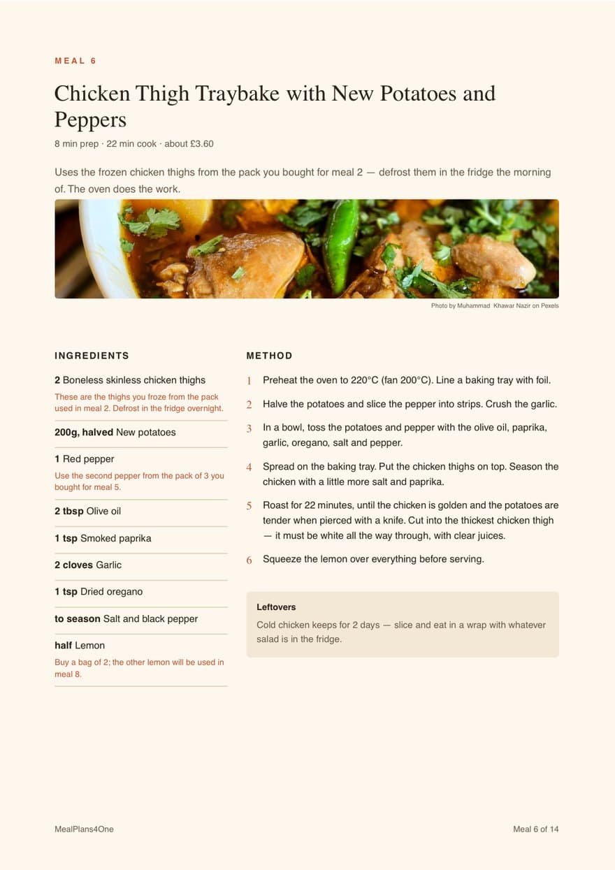 A recipe page for a chicken thigh traybake, with a photograph, an ingredient list carrying pack notes, numbered method steps, and a leftovers tip.
